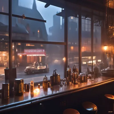 Вид из-за барной стойки на бар, …» — создано в Шедевруме