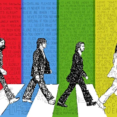 Обои на рабочий стол Группа The Beatles позирует на фоне своего логотипа,  обои для рабочего стола, скачать обои, обои бесплатно