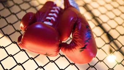 правый крючок. профессиональные боксеры-мужчины в красно-синей спортивной  форме, изолированные на синем фоне в неоновом свете Стоковое Фото -  изображение насчитывающей удар, военный: 254752344