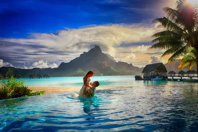 Обои на рабочий стол Пляж на закате солнца, Остров Бора-Бора, Французская  Полинезия, обои для рабочего стола, скачать обои, обои бесплатно