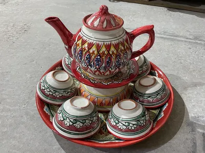 Чайный сервиз (набор) 250 мл 4 чашки + блюдца из керамики бирюзовый-белый  Totem купить по низкой цене в магазине - Posuda-market