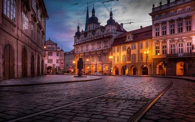 Фотографии Прага Чехия Небо улиц Вечер Уличные фонари Дома 1920x1080