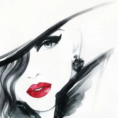 Картина «Картина на стену на холсте «Загадочная женщина в черной шляпе. красные  губы» 53х35 (ШхВ), на деревянном подрамнике Premium от Первого ателье»,  купить в интернет-магазине «Первое Ателье»™