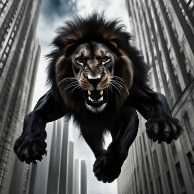 Огромный черный лев прыгает через …» — создано в Шедевруме