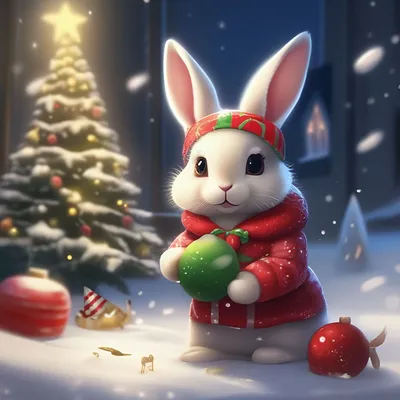 Мегамилый зайчонок украшает новогоднюю…» — создано в Шедевруме
