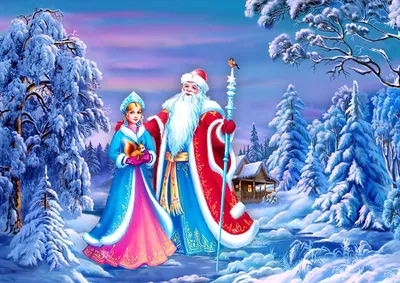 Обои на рабочий стол Дед Мороз и снегурочка едут на санях развозить  подарки, обои для рабочего стола, скачать обои, обои бесплатно