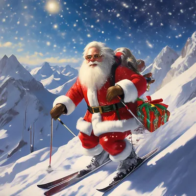 Дед Мороз на лыжах в зимнем лесу…» — создано в Шедевруме
