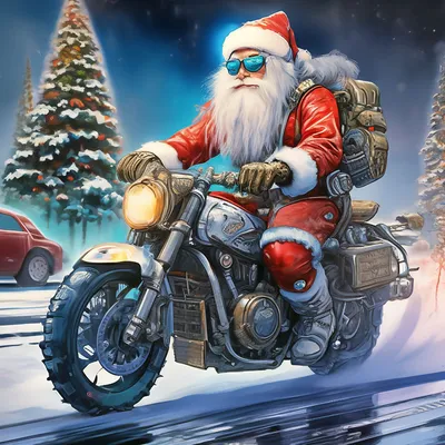 Киберпанк, Дед Мороз на мотоцикле, ё…» — создано в Шедевруме