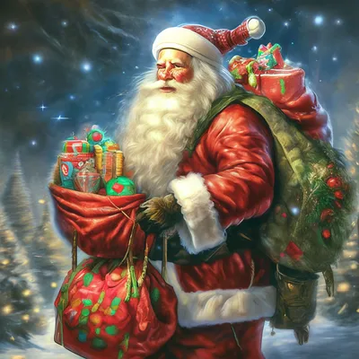 Раскраска Дед Мороз с мешком подарков в лесу распечатать или скачать