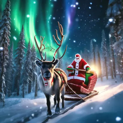 Фото Олени Новый год Сани Дед Мороз 3D Графика Снег Дома Праздники
