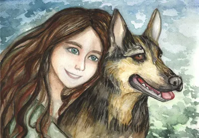Иллюстрация Девушка с собакой в стиле живопись, персонажи, реализм