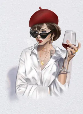 Иллюстрация Девушка с бокалом вина в стиле lifestyle, журнальный,