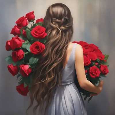 Девушка с букетом роз со спины