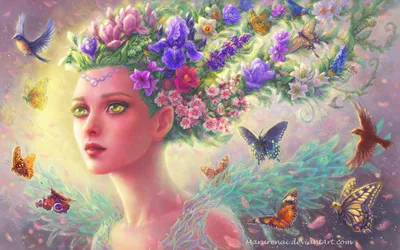 Фото Зеленоглазая девушка-весна с цветами в волосах, в окружении бабочек и  птиц, by Marurenai