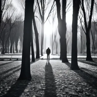 Силуэт одиноких прогулок человека на темной улице туманной загоренной синим  тонизировал уличных фонарей Стоковое Фото - изображение насчитывающей  загадочно, ноча: 207883446