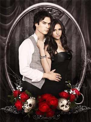 Фото Герои телесериала Дневники Вампира / The Vampire Diaries- Деймон и  Елена / Damon and Elena в окружении красных роз и черепов