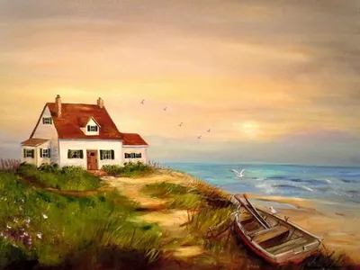 маленький дом на берегу моря | Manzara, Resim, Painting