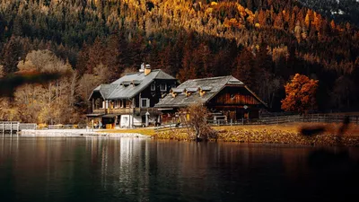 Обои дом, озеро, лес, осень, пейзаж картинки на рабочий стол, фото скачать  бесплатно