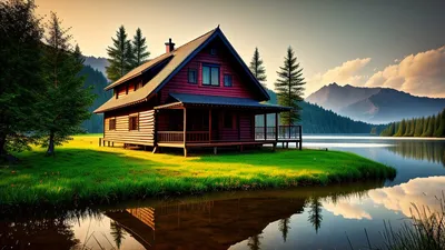 Обои деревянный дом у озера - Скачать 16:9