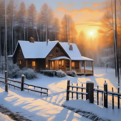 Зимний домик снег деревья лес …» — создано в Шедевруме