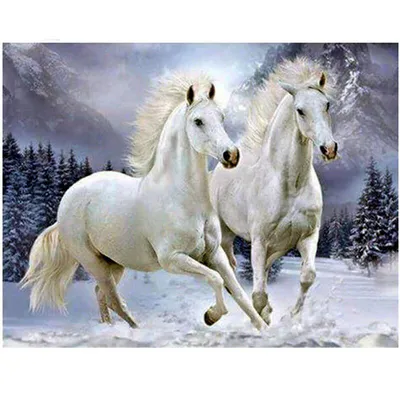 Купить Алмазная вышивка Зимняя алмазная картина Две лошади Полная круглая  картина из стразов Домашний декор | Joom