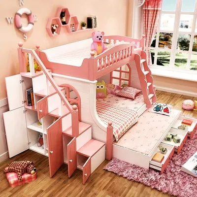 Детский двухэтажный Домик из цельной древесины с деревянными кровати сверху  и снизу, высокие поручни для девочек, двухэтажная кровать | AliExpress