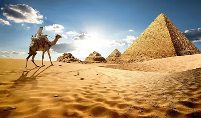 Обои на рабочий стол Великие пирамиды, Египет, восход солнца, пустыня,  большая планета в небе, рендеринг, Kaiser Prime, обои для рабочего стола,  скачать обои, обои бесплатно