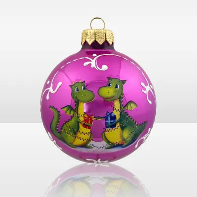 Ёлочная игрушка Елочная игрушка шар стеклянный (Символ года 2024) Два  дракончика - влюбленная парочка (розовый глянец) диаметр 80 мм