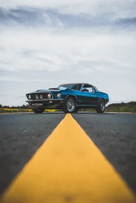Синий Ford Mustang на фоне города вид сзади - обои на рабочий стол