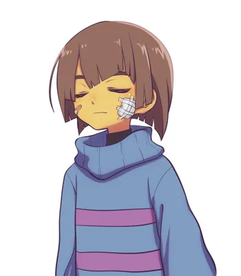 Frisk undertale female wearing blue shirt with yellow stripes and yellow  overall closed eyes brown hair anime style galaxy hd 4k uwu cute kawaii  smiling on Craiyon