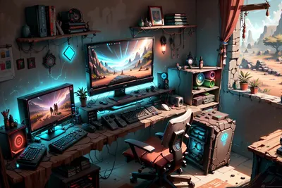 Обои на рабочий стол Комната геймера наполненная техникой из окна вид на  пустыню, обои для рабочего стола, скачать обои, обои бесплатно