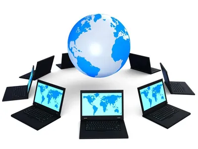 Global computer network connecting a globe and laptop computers Stock Photo  - Alamy