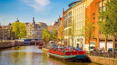 Фотографии Амстердам голландия Весна Водный канал Речные 1920x1080