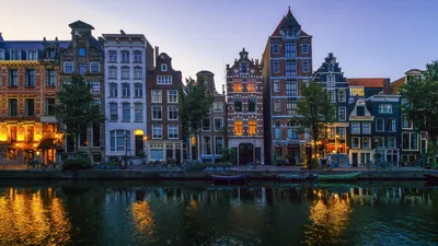 Фотография Амстердам голландия Реки Вечер город Здания 2560x1440