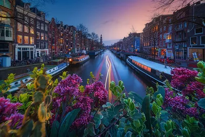 Обои для рабочего стола Амстердам голландия Водный канал Речные суда