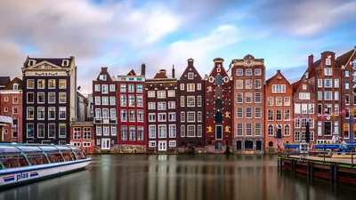 Картинка Амстердам Нидерланды Водный канал Причалы Дома 1920x1080