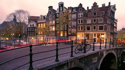 Скачать 1600x900 канал, восход солнца, амстердам, нидерланды обои, картинки  16:9