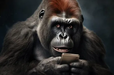 Милая забавная горилла держит мобильный телефон экстремально крупным планом  генеративный ии | Премиум Фото