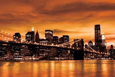 Фото обои на стену города мира 368х254 см Оранжевый Нью-Йорк и Бруклинский  мост (228P8)+клей по цене 1200,00 грн