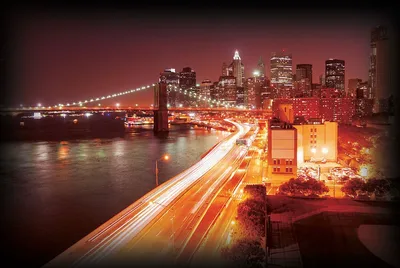 Фото обои городов мира 368x254 см Бруклинский мост ночью в красных тонах  (206P8)+клей купить по цене 1200,00 грн
