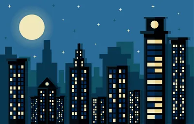 Иллюстрация ночной город в стиле 2d, компьютерная графика |