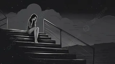 грустная девушка сидит на лестнице ночью, грустные депрессивные картинки,  депрессия, грустный фон картинки и Фото для бесплатной загрузки