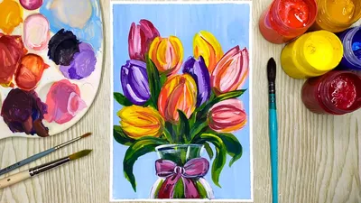 Как нарисовать тюльпаны гуашью. Рисунок на 8 марта. Рисуем гуашью для  начинающих - YouTube