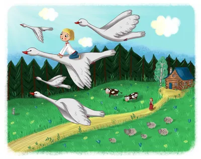 Иллюстрация Гуси-лебеди в стиле детский, книжная графика, персонажи