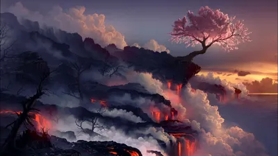 Скачать 1600x900 извержение, лава, вулкан, сакура, дерево обои, картинки  16:9