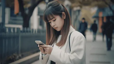 девушка смотрит в свой телефон на оживленной улице, студентка колледжа  смотрит на смартфон, Hd фотография фото фон картинки и Фото для бесплатной  загрузки