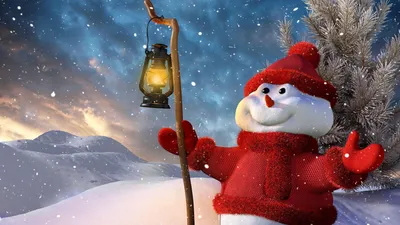Скачать 1920x1080 новый год, рождество, снеговик, фонарь, елка, снег,  улыбка обои, картинки full hd, hdtv, fhd, 1080p