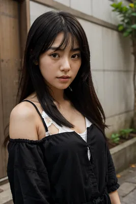 Фотография на тему Красивая японская девушка в джинсах на темно-сером фоне  | PressFoto