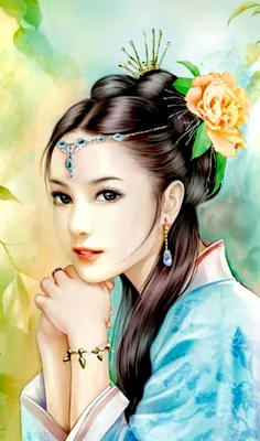 Фото Японская девушка с мечом, в цветах сакуры, с татуировкой на лице