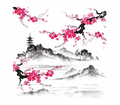 Купить репродукцию картины Японский пейзаж с сакурой и горой